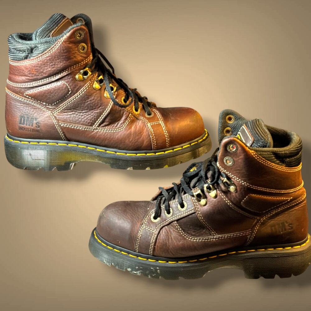Men's 9 DR. MARTENS Industrial Brown Leather Steel Toe Work Boots (SPT005/AW140)